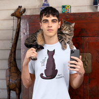 Load image into Gallery viewer, Man holding a cell phone, wearing a t-shirt that says, &quot;If cats could text you they wouldn&#39;t.&quot; A striped cat is perched on his shoulders.
